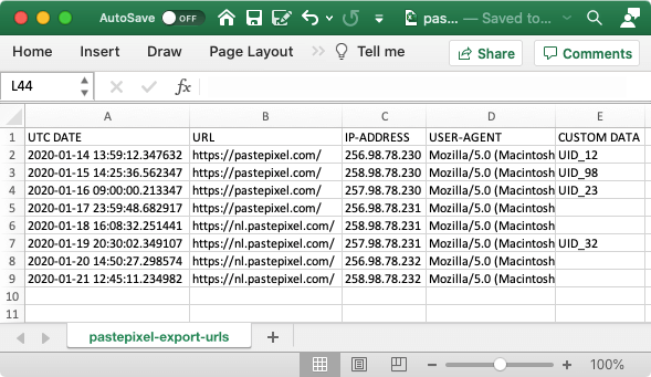 Voorbeeld CSV export van tracking URLs