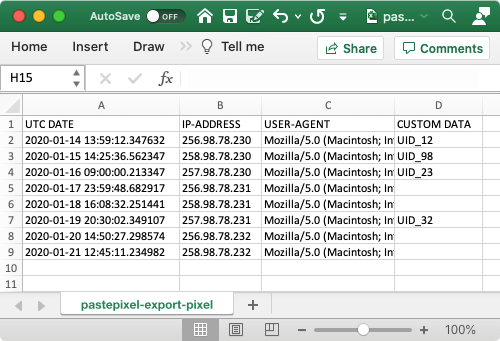 Example CSV export of tracking pixel