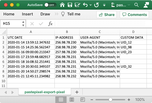 Voorbeeld CSV export van een tracking pixel