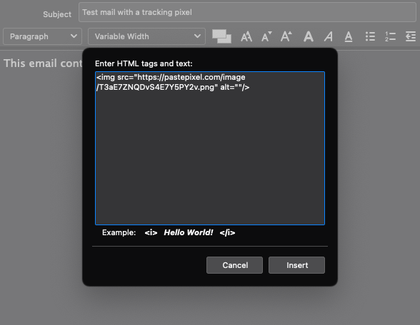 Insert tracking pixel in email