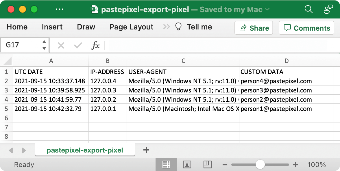 Example CSV export of tracking pixel