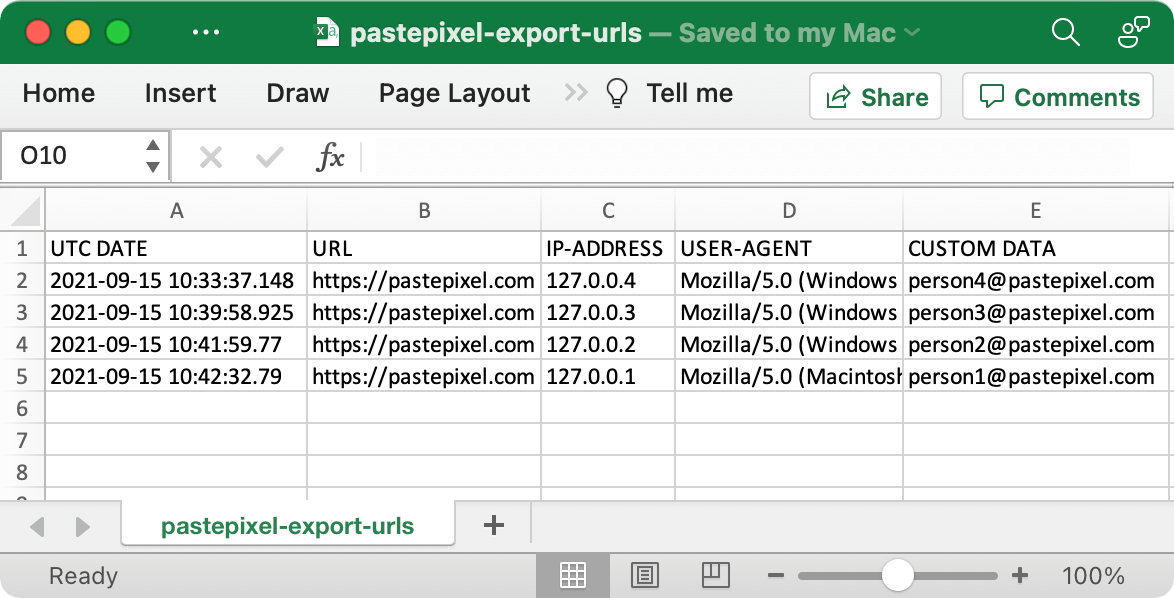 Voorbeeld CSV-ecport van tracking URL data